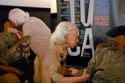 Fernanda Montenegro e Milton Nascimento se reencontram em pré-estreia de filme.