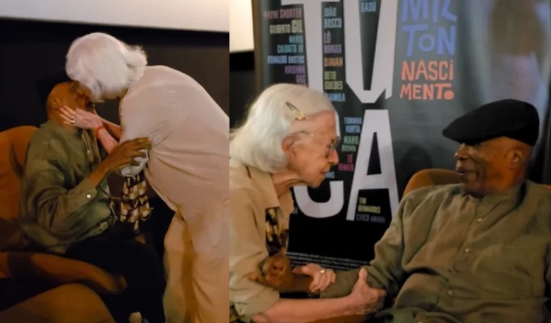 Fernanda Montenegro e Milton Nascimento se reencontram em pré-estreia de filme.