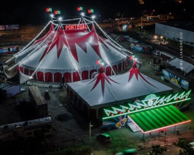 Vista aerea da lona do Circo Portugal montada em Aracaju durante a temporada 2026