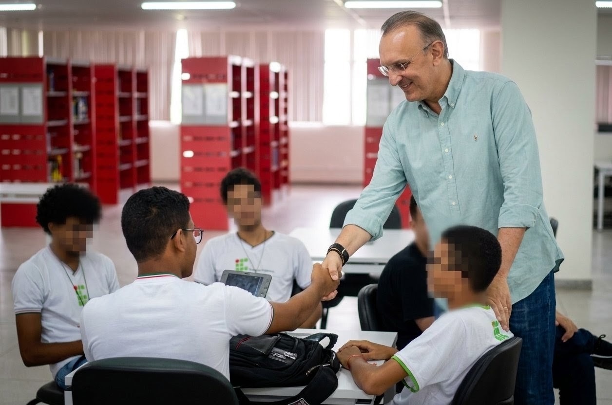 Candidato a deputado estadual Fábio Henrique com estudantes de curso técnico