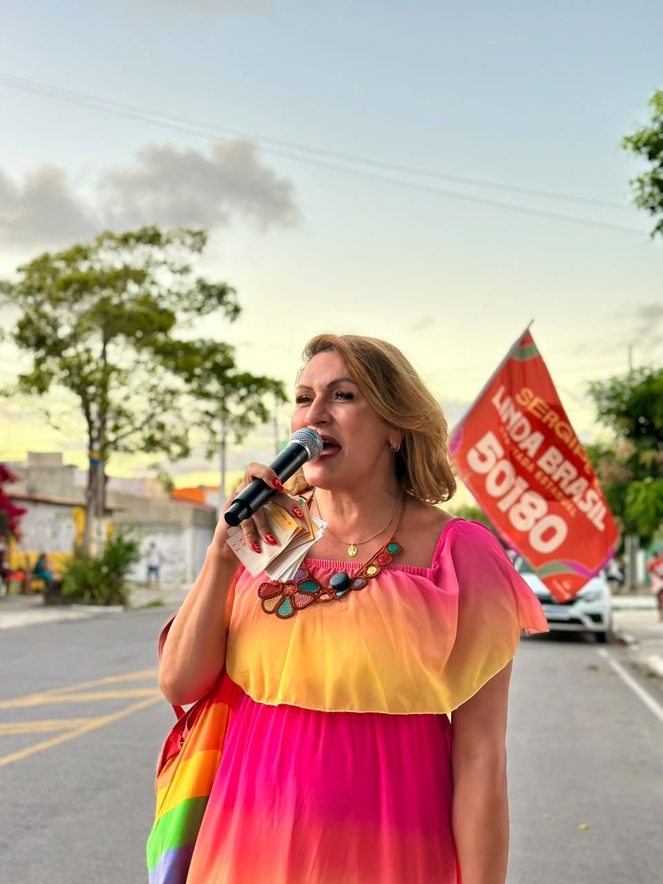 Linda Brasil fala ao microfone ao lado da bandeira da campanha